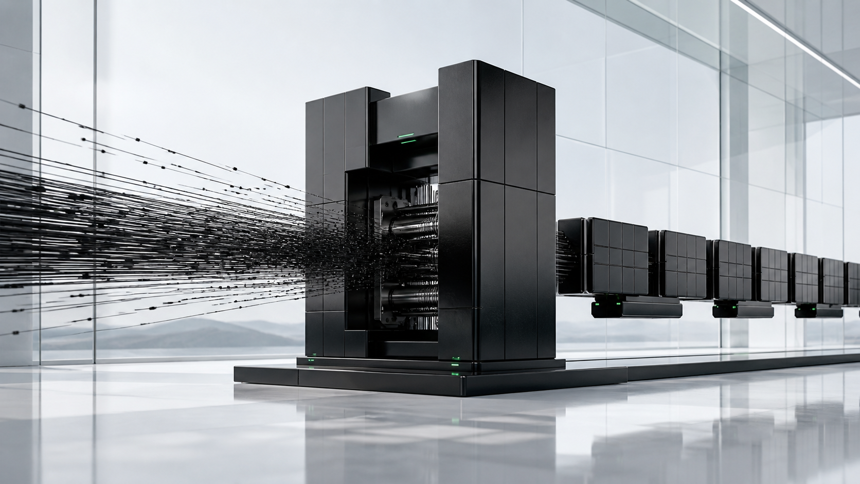 Fluxo denso de dados atravessa uma estrutura de engenharia em obsidiana e emerge em blocos compactos.